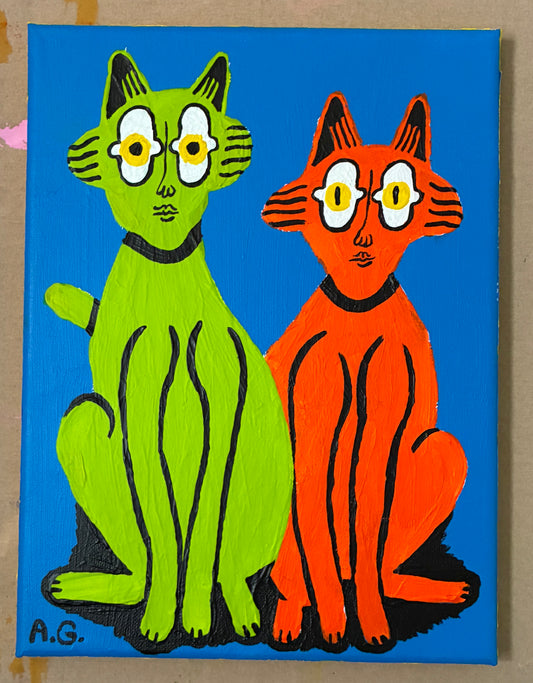Cat painting -  Green and red on blue