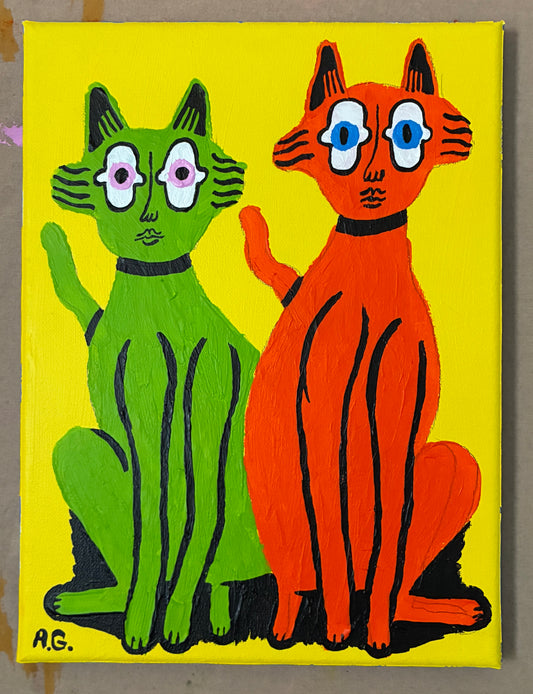 Cat painting -  Green and red on yellow