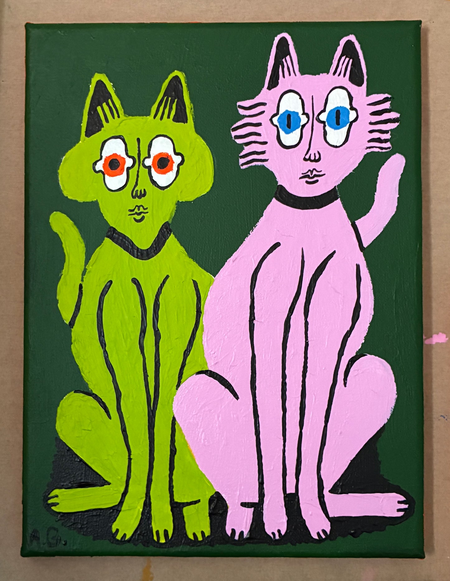 Cat painting -  Green and pink on green