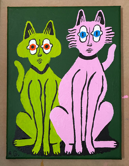 Cat painting -  Green and pink on green