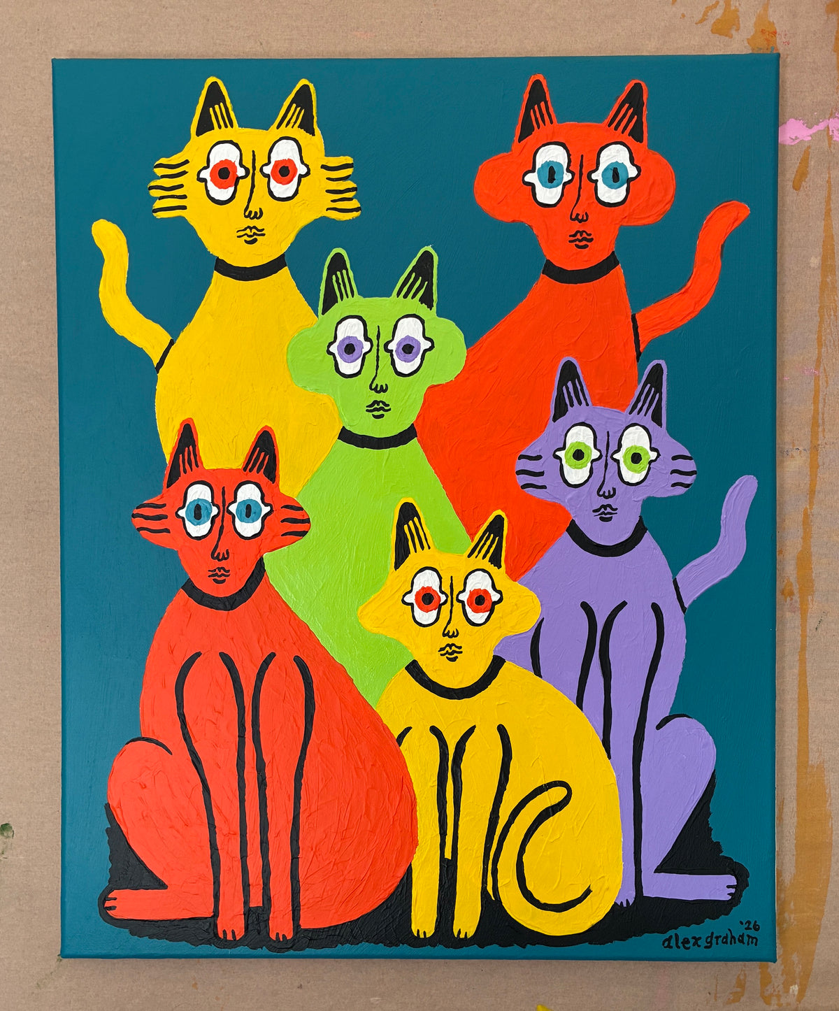 6 cats on blue (#1)