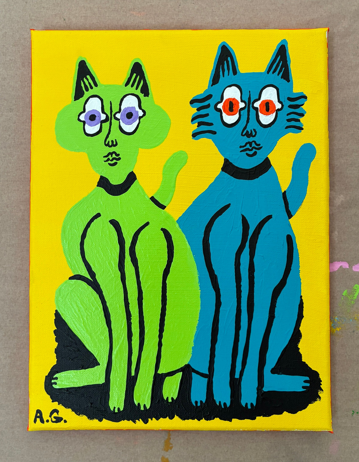 Cat painting -  Green and blue on yellow