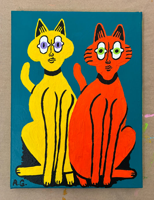 Cat painting -  Yellow and red on blue
