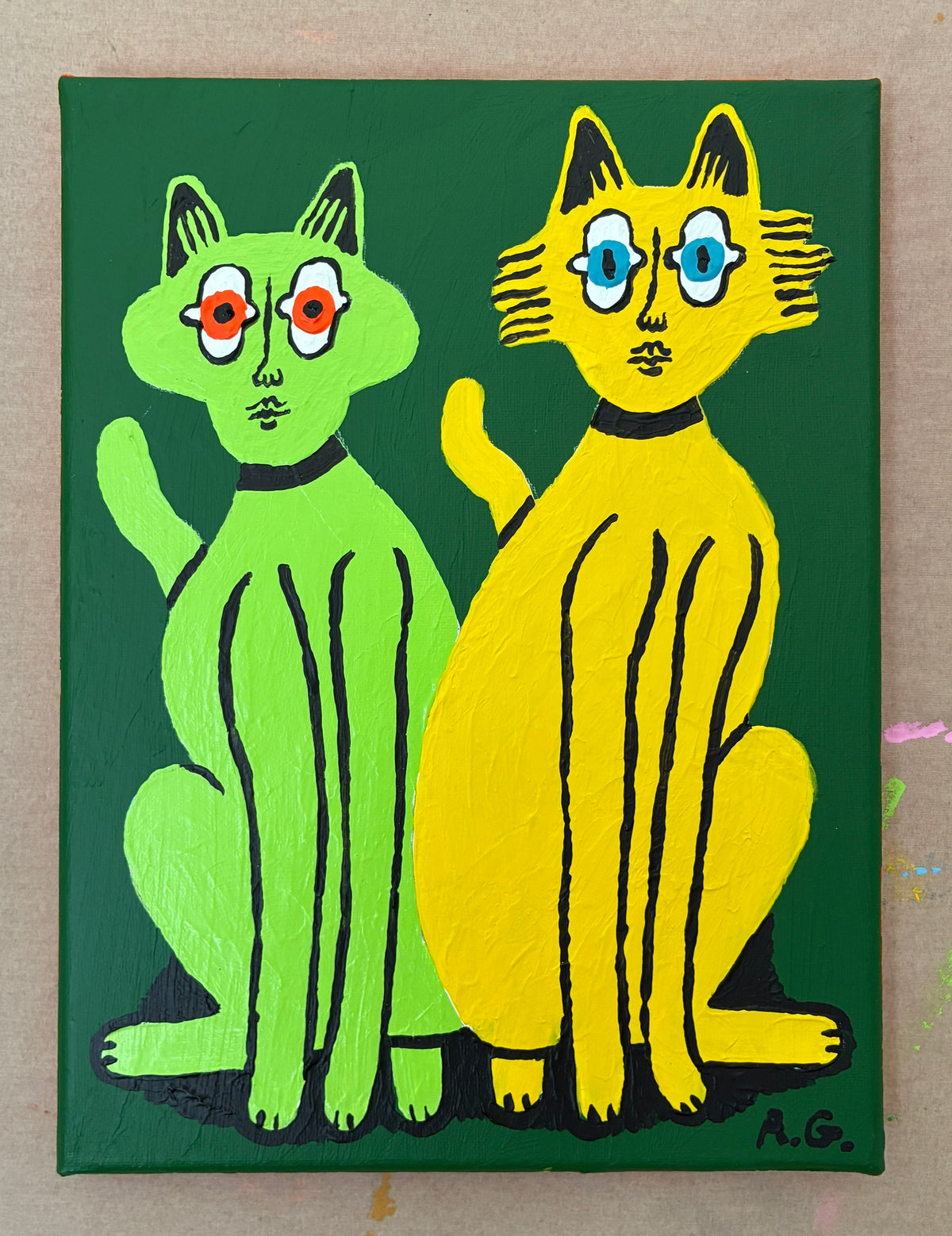 Cat painting -  Green and yellow on green