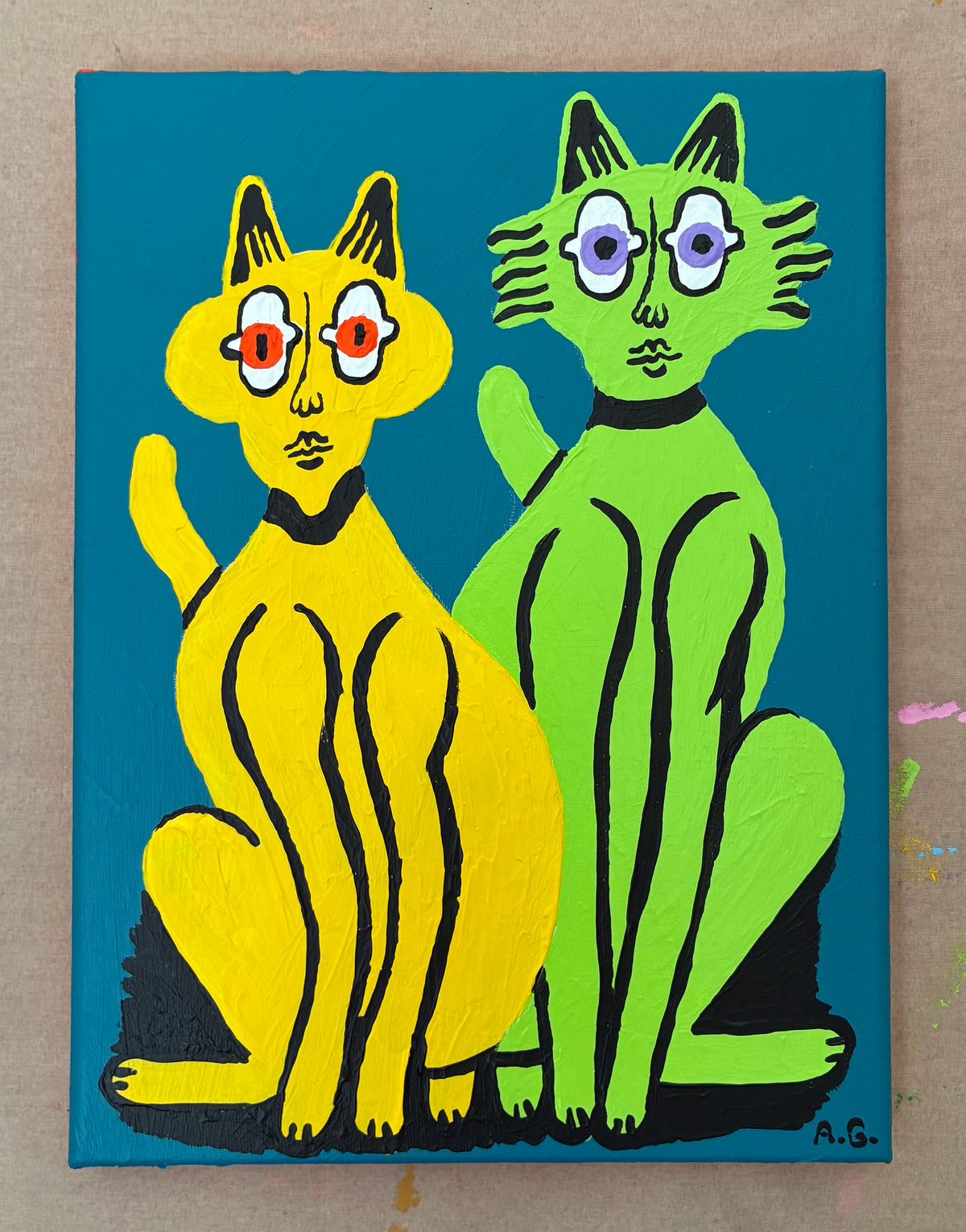 Cat painting -  Yellow and green on blue
