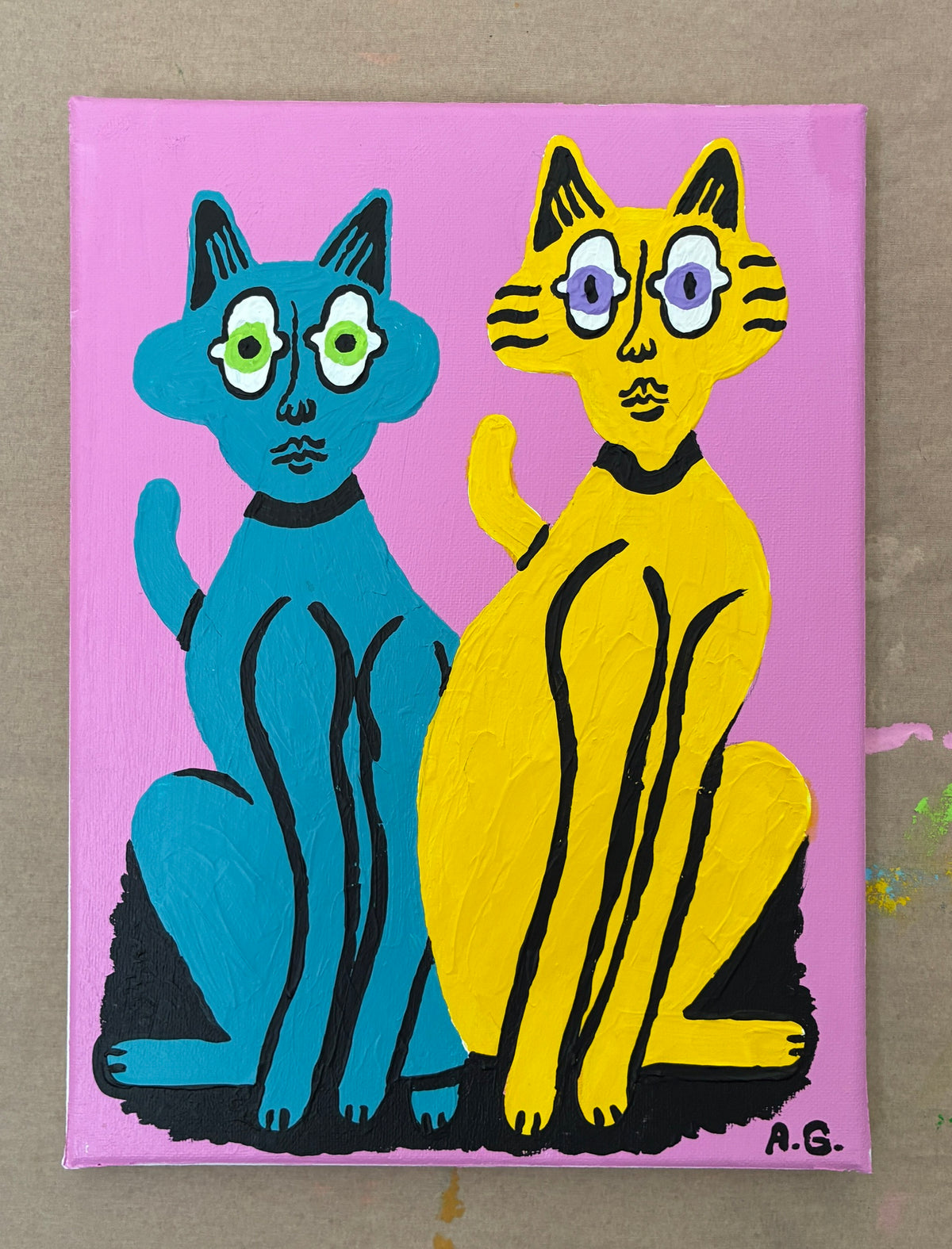 Cat painting -  Blue and yellow on pink