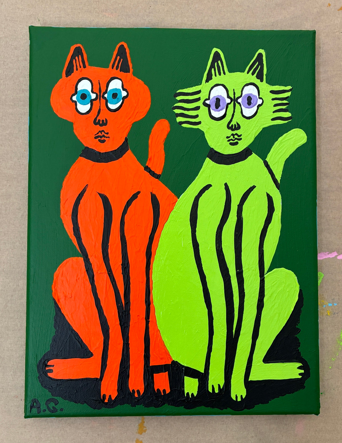 Cat painting -  Red and green on green
