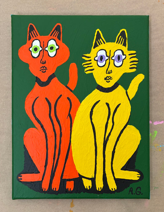 Cat painting -  Red and yellow on green