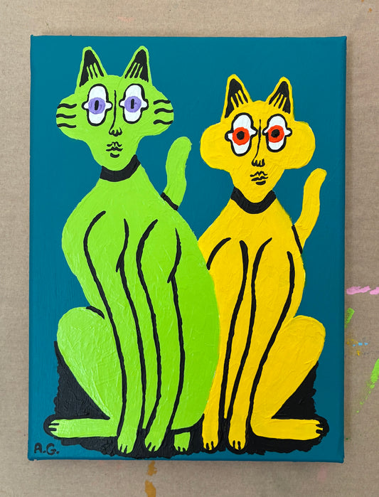 Cat painting - Green and yellow on blue