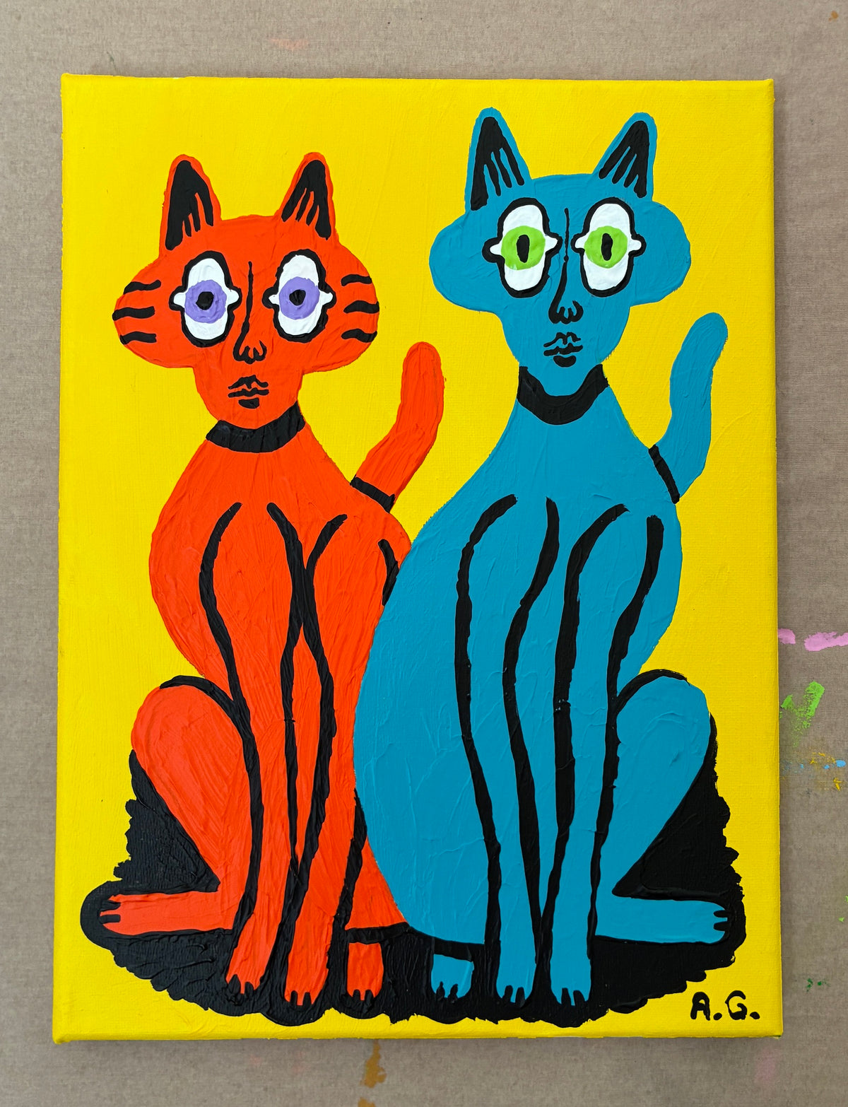 Cat painting - Red and blue on yellow