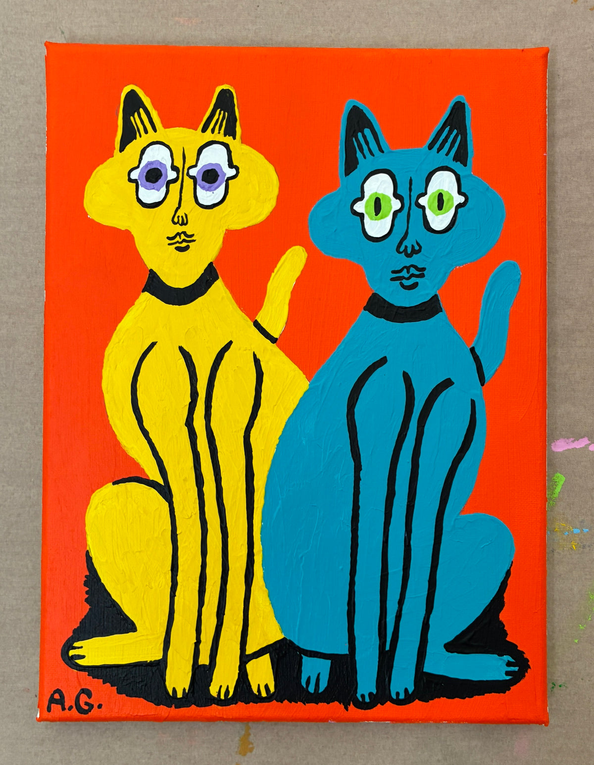 Cat painting - Yellow and blue on orange