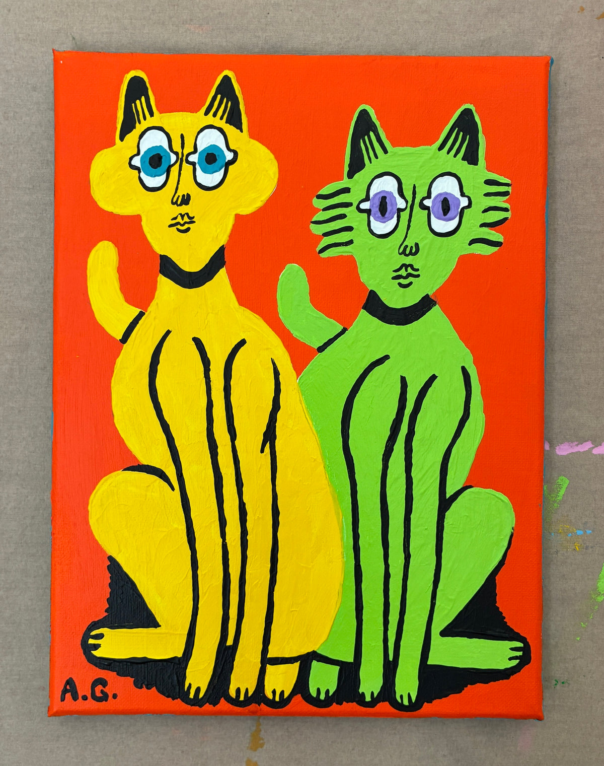 Cat painting - Yellow and green on orange
