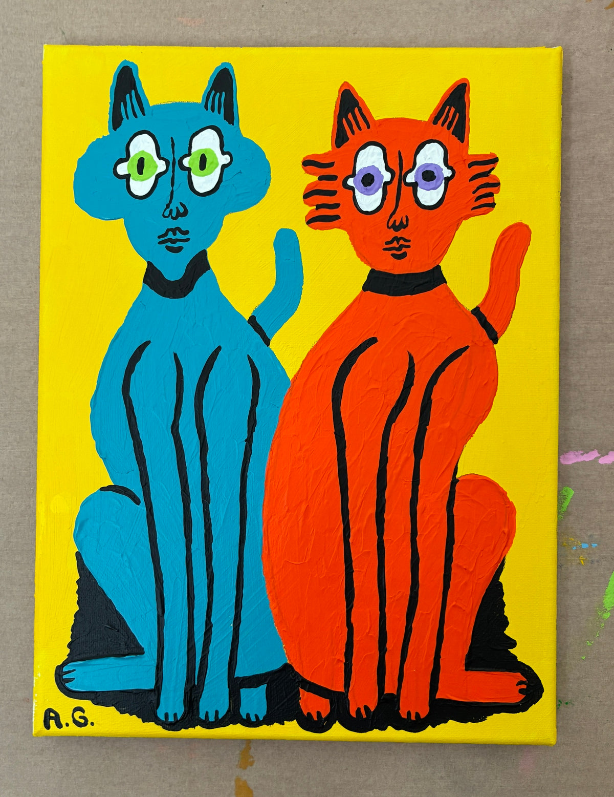 Cat painting - Blue and red on yellow