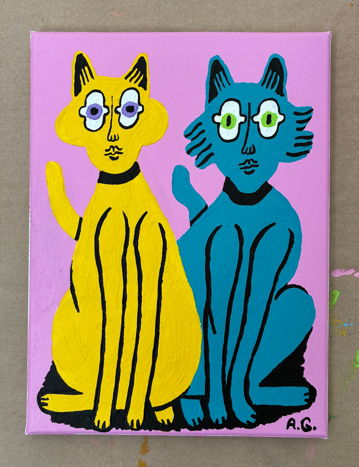 Cat painting - Yellow and blue on pink