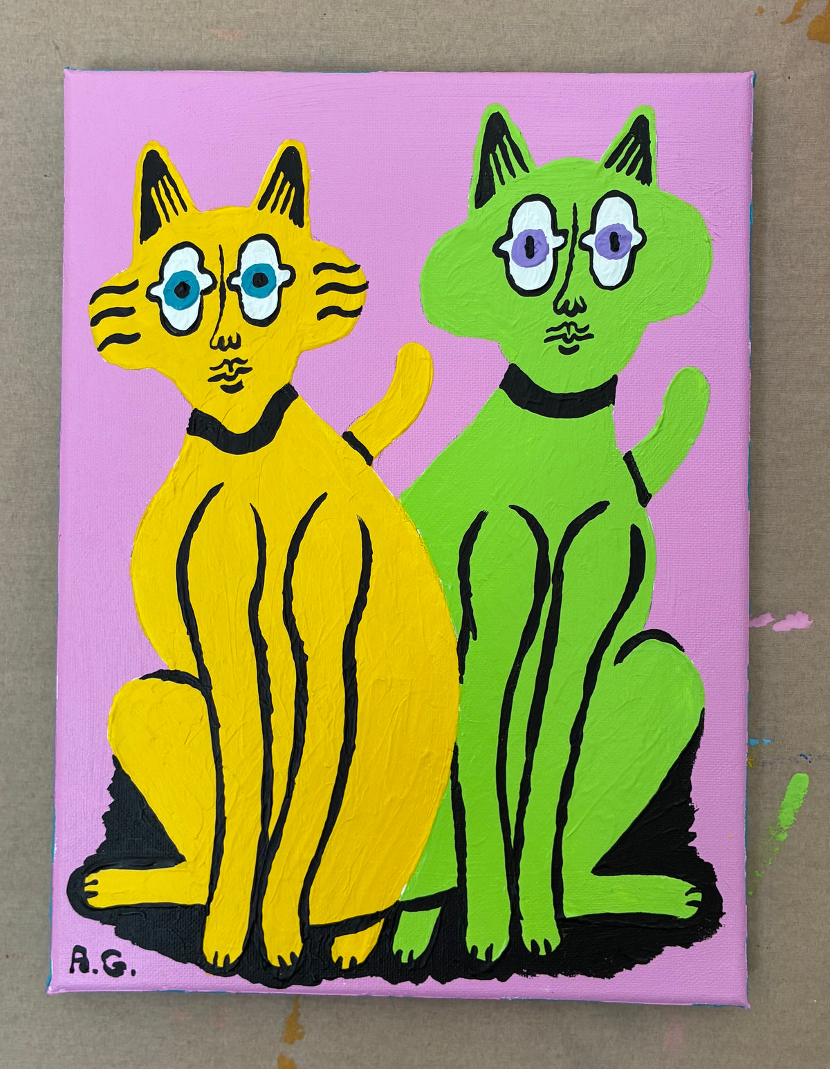 Cat painting - Yellow and green on pink