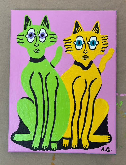 Cat painting - Green and yellow on pink
